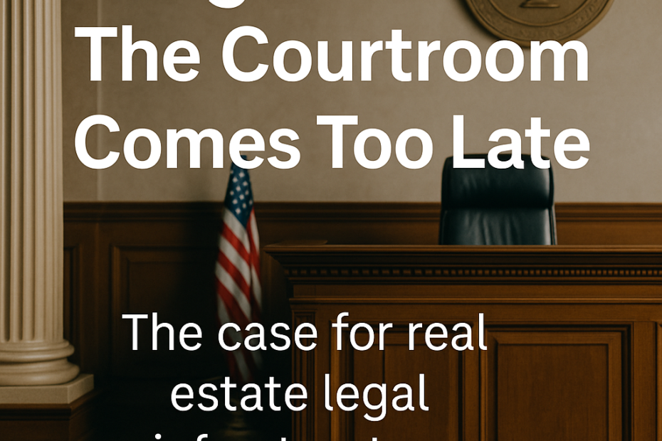 A modern courtroom scene with legal documents, a compliance checklist, and digital workflow interfaces — symbolizing the shift from courtroom battles to structured, infra-led LegalTech in real estate.