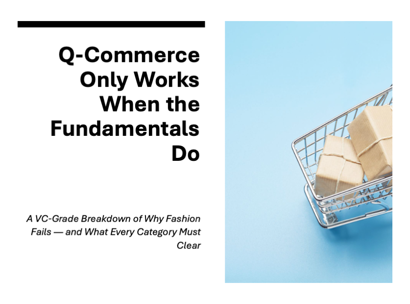 q-commerce blog cover with shopping cart and parcels, titled "Q-Commerce Only Works When the Fundamentals Do
