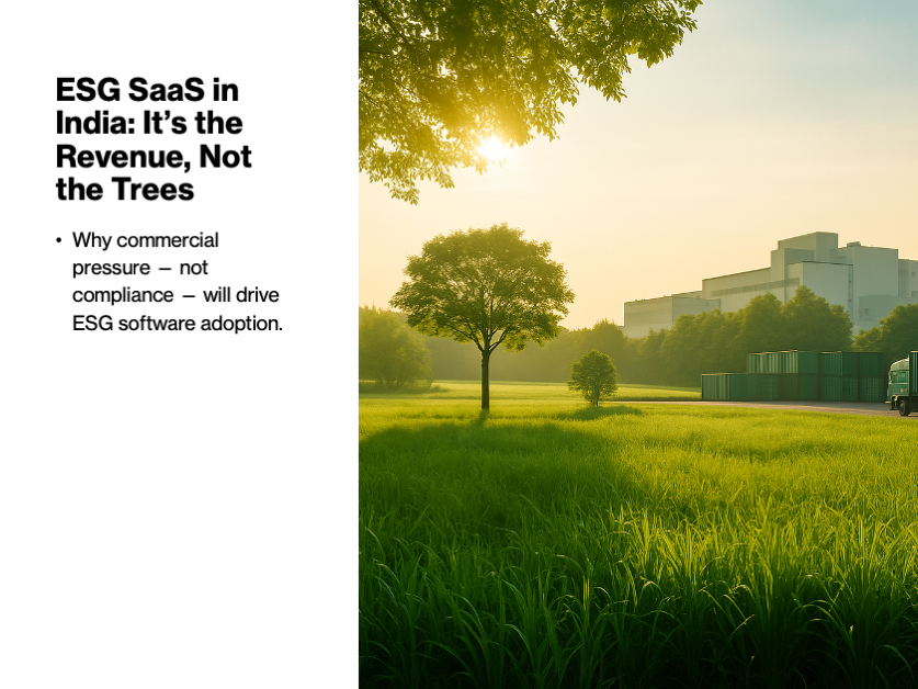 A photo-realistic image showing a sustainable industrial setting with green fields, trees, and a clean manufacturing plant in the background — symbolizing ESG adoption driven by commercial operations.