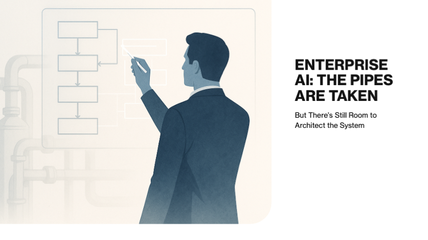Illustration of a professional sketching a digital system blueprint over industrial pipes, symbolizing architectural opportunity in a consolidated enterprise AI stack.