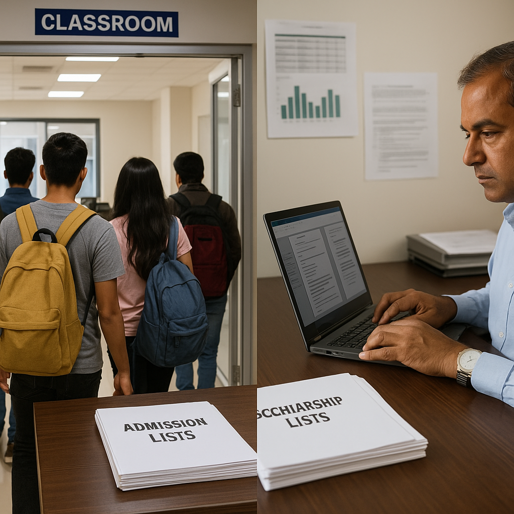 Editorial photo showing contrast in Indian higher education — students entering a modern offline coaching centre, an administrator working on digital forms, and admission lists placed at the centre.