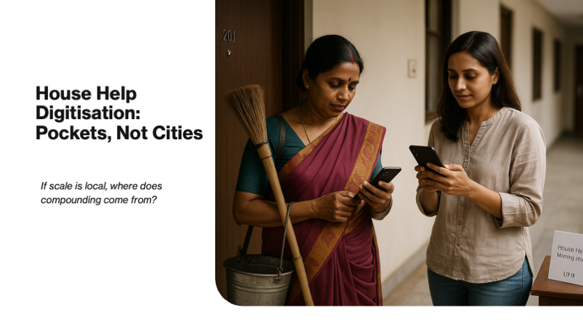 House help digitisation in India: a domestic worker in a saree with a broom and bucket and a resident stand in an apartment corridor, both using their phones. 